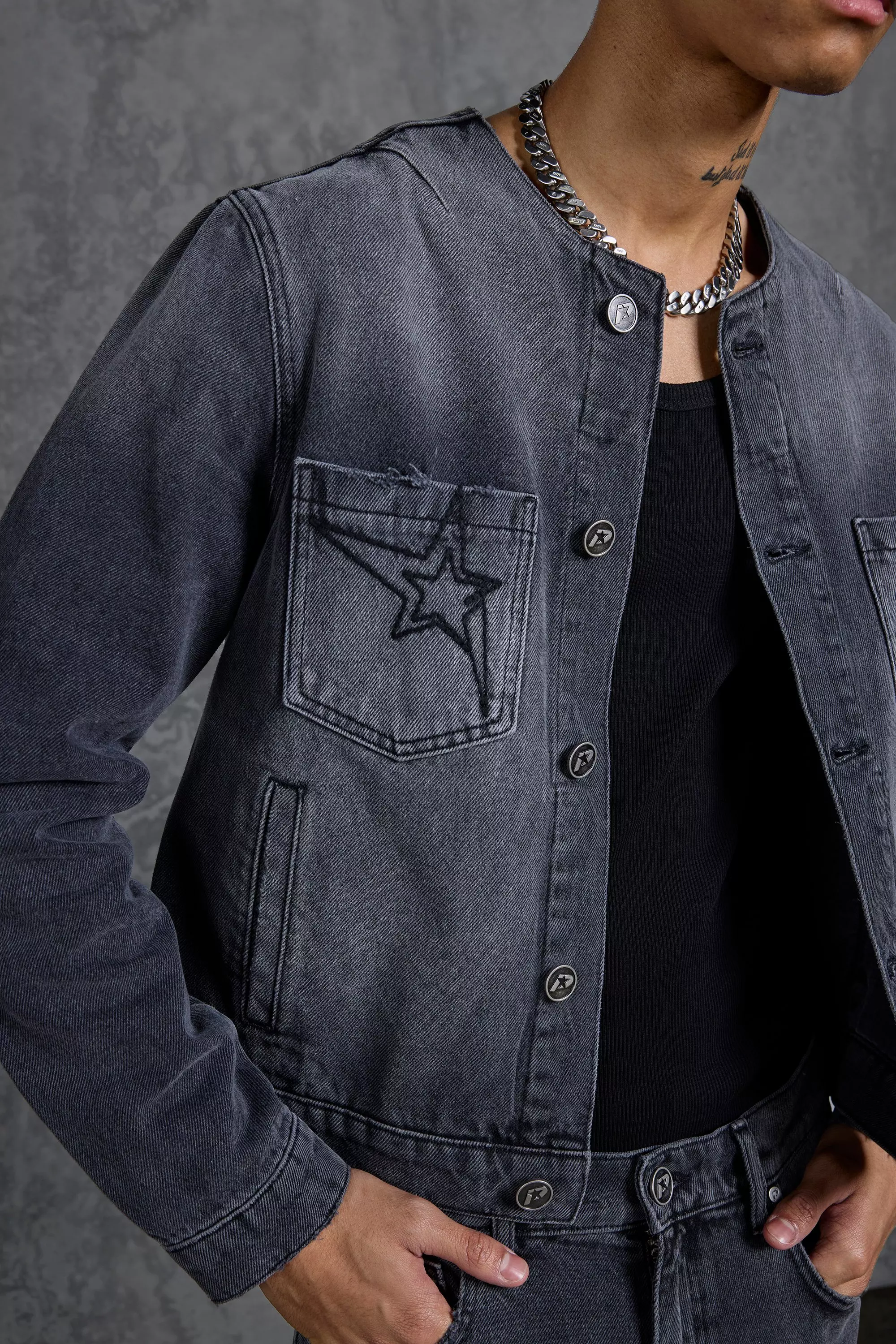 P Star Regular Fit Boxy Collarless Denim Jacket boohooMAN UK
